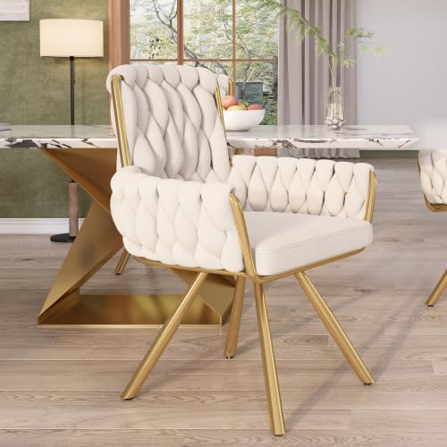 Samt-Esszimmerstuhl, Sessel mit Armlehne in Knoten Optik, Schminktisch Stuhl ，einzelner luxuriöser Wohn- und Schlafzimmer-Drehstuhl, Drehstuhl mit vier Stützbeinen aus Metall (1, Beige, normal) von PCXWTLN