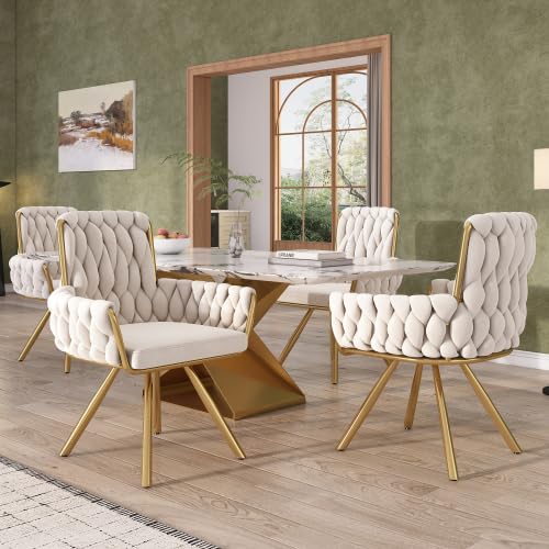 Samt-Esszimmerstuhl, Sessel mit Armlehne in Knoten Optik, Schminktisch Stuhl ，einzelner luxuriöser Wohn- und Schlafzimmer-Drehstuhl, Drehstuhl mit vier Stützbeinen aus Metall (4, Beige, normal) von PCXWTLN