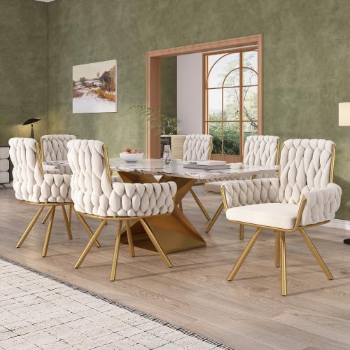 Samt-Esszimmerstuhl, Sessel mit Armlehne in Knoten Optik, Schminktisch Stuhl ，einzelner luxuriöser Wohn- und Schlafzimmer-Drehstuhl, Drehstuhl mit vier Stützbeinen aus Metall (6, Beige, normal) von PCXWTLN