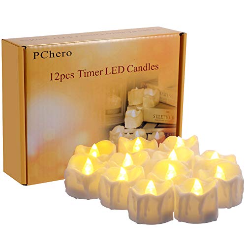 PChero Led Kerzen mit Timerfunktion, 12 Stück LED Elektrische Teelichter Flackernd Kerze Beleuchtung mit batterie, Automatik Timerfunktion: 6 Stunden an und 18 Stunden aus [Warm weiß] von PChero