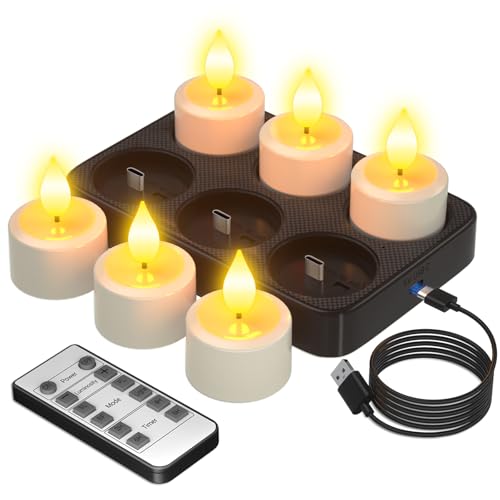 PChero 6er Aufladbare Teelichter mit Ladestation und Timer, LED Teelichter Wiederaufladbar Flackernd Kerzen mit Fernbedienung Timerfunktion, Perfekt für Home Halloween Kürbis Weihnachten Party Deko von PChero