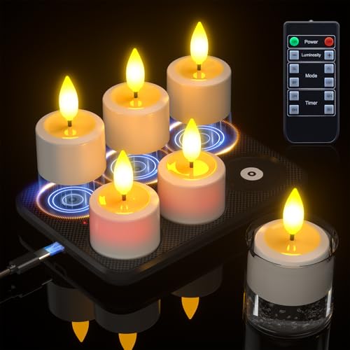 PChero 6er LED Teelichter Wiederaufladbar mit Magnet Ladestation, Aufladbare Teelichter Wiederaufladbare Kerzen Flackernd mit Fernbedienung und Timer für Outdoor Wasserdicht Halloween Weihnachten Deko von PChero