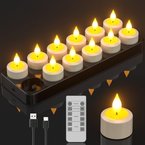 PChero 12er Aufladbare Teelichter mit Ladestation und Timer, LED Teelichter Wiederaufladbar Flackernd Kerzen mit Fernbedienung Timerfunktion, Perfekt für Tisch Kürbis Halloween Weihnachten Party Deko von PChero