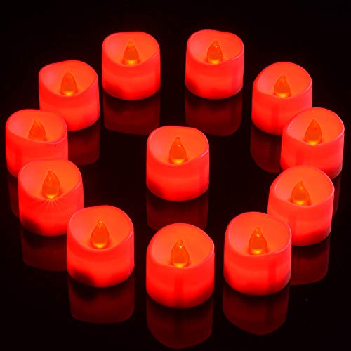 PChero LED Rote Teelichter, 12Stk Batteriebetriebene Flammenlose Teelichter mit Flackerndem 6 Stunden-Timer-Votivkerzenlicht für Zimmer Zuhause Festivals Party Dekoration - Rote von PChero