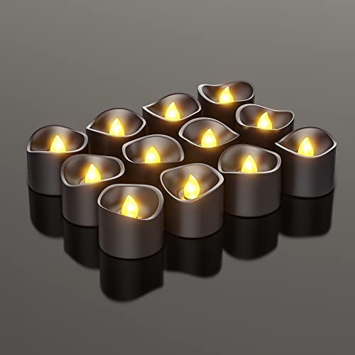 PChero Schwarze LED Teelichter, 12 Stück Batteriebetrieben Flackernde Kerzen Elektrisch Flammenlose Teelichter für Halloween Party Heimat Dekoration – Warmes Gelb von PChero