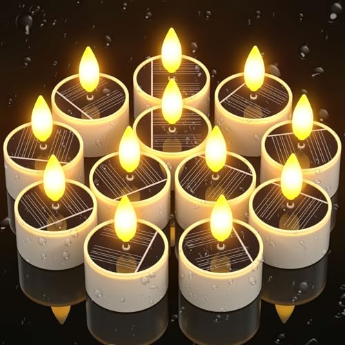 PChero 12er Set Solar Teelichter für Außen, LED Flackernd Solar Kerzen Outdoor Wasserdicht, Aufladbare Teelichter Solarkerzen mit Dusk to Dawn Sensor für Garten Terrassen Balkon Laterne Grab Deko von PChero