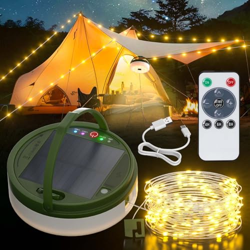 PChero Solar Lichterkette Aussen 10m, LED Outdoor Camping Lichterkette Aufrollbar Solar Außen Wetterfest Campinglampe USB Aufladbar für Zelt Beleuchtung Balkon Garten Kinderzimmer Innen Deko von PChero