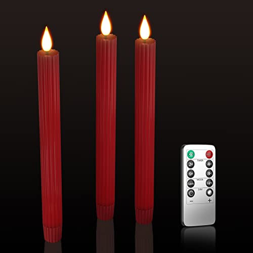 PChero Rot LED Stabkerzen mit Fernbedienung, 3 Stück Echtwachs Flackernde Flammenlose Batteriebetrieben Kerzen für Halloween Xmas Party Dekoration – Warmweiß von PChero