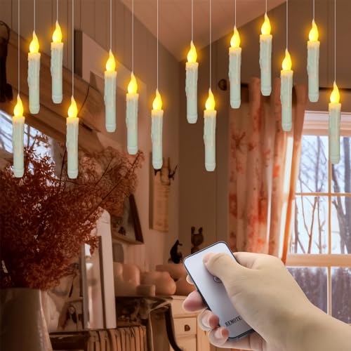 PChero Schwimmende Kerzen mit Fernbedienung,12pcs Batteriebetriebene LED Stabkerzen mit Schnur, Elektrische Flackernde Stabkerzen für Halloween Party Deckendekoration – Warm Gelb von PChero