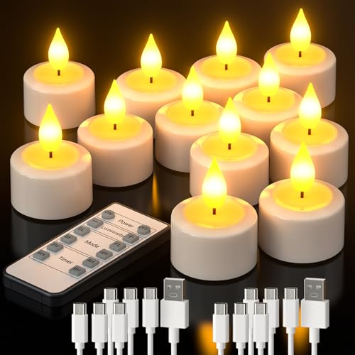 PChero LED Teelichter Wiederaufladbar mit Timer Fernbedienung, 12 Stk. LED Elektrisch Flackernde Flammenlose Kerzen mit Batterie und Timerfunktion für Halloween Silvester Saisonale Deko Weihnachten von PChero