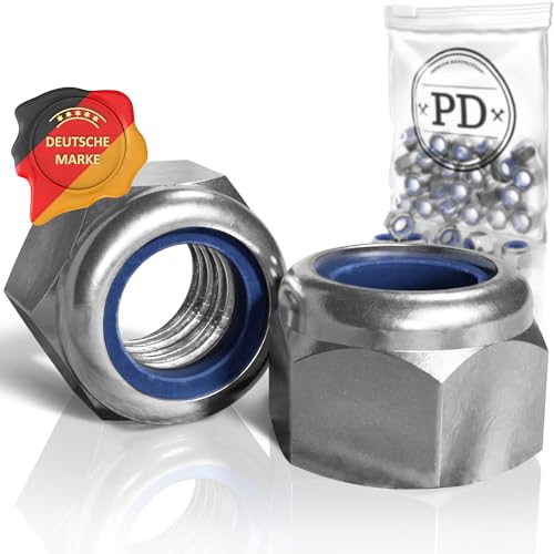 PD® Selbstsichernde Muttern M10 (DIN 982 / ISO 7040) | Sicherungsmuttern aus Edelstahl A2 V2A | Sechskantmuttern mit Kunststoffklemmteil | Stoppmuttern Kontermuttern Set | 100 Stück von PD
