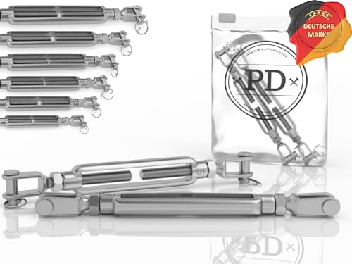 PD® Spannschloss M10 Edelstahl A4 (Gabel-Gabel) | Wantenspanner ROSTFREI | Seilspanner mit Spannschraube | Spannhaken für Sonnensegel Befestigung, Wäscheleine & mehr | Drahtseil Spanner | 4 Stück von PD