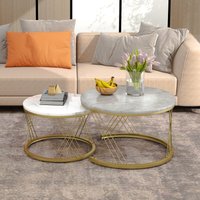 Modernes Nesting Couchtisch-Set, 2er Set, MDF mit Marmormuster, runde Endtische, stabiler Metallrahmen, 70×70×45 cm, Grau von PD1