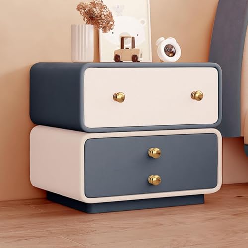 360° Drehbarer Kreativer Nachttisch for Den Schreibtisch, Nachttisch mit Schubladen und Metallgriffen, mit Mikrofaserleder Bezogen(Navy blue+beige,L35CM) von PDKFHNR