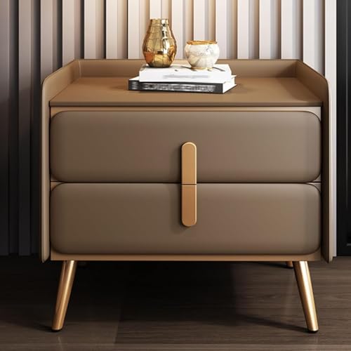 Holznachttisch, Nachttisch mit Zwei Schubladen, Nachttisch mit Kaltgewalzten, Vergoldeten Griffen und Beinen, Metall mit Lederbezug(Coffee brown,40cm) von PDKFHNR