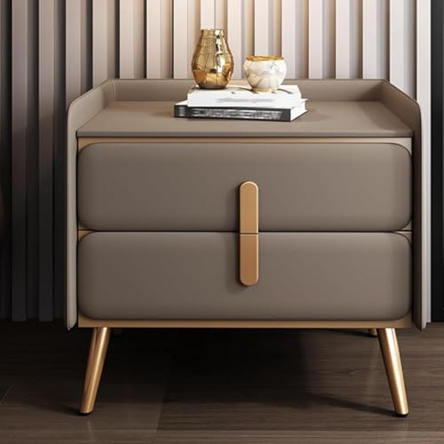 Holznachttisch, Nachttisch mit Zwei Schubladen, Nachttisch mit Kaltgewalzten, Vergoldeten Griffen und Beinen, Metall mit Lederbezug(Gray-brown,45cm) von PDKFHNR