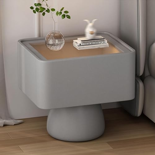 Holznachttisch mit Schublade, Nachttisch mit Tischplatte aus Gehärtetem Glas, Geräuscharme Gleitschienen, Lederoptik, Geeignet for Schlafzimmer(Gray,50cm) von PDKFHNR