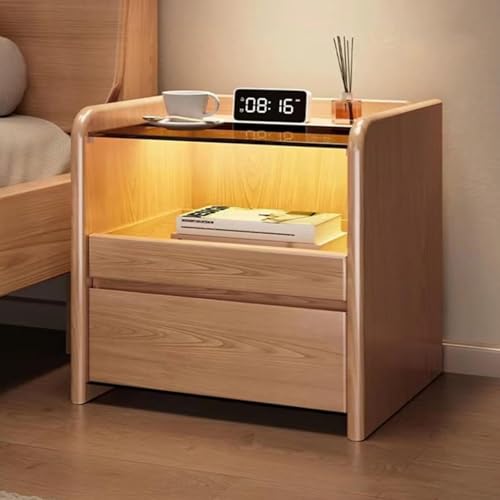 Intelligenter Nachttisch mit Ladestation, Nachttisch mit LED-Beleuchtung Und Gehärtetem Glas, Beistelltisch aus Holz mit Ausziehbarer Ablage und Schubladen, Platzsparend(Wood) von PDKFHNR