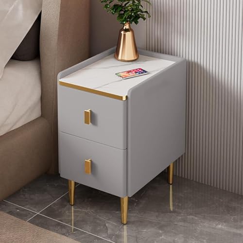 Massivholz-Nachttisch, Nachttisch mit Schieferplatte Und Metallgriff, mit Mikrofaserleder Bezogen, Geeignet for Schlafzimmer, Wohnzimmer-Nachttisch(Gray,25cm) von PDKFHNR