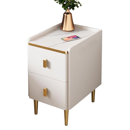 Massivholz-Nachttisch, Nachttisch mit Schieferplatte Und Metallgriff, mit Mikrofaserleder Bezogen, Geeignet for Schlafzimmer, Wohnzimmer-Nachttisch(White,25cm) von PDKFHNR