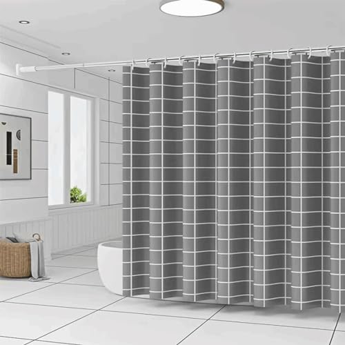 PDSYCB Duschvorhang 120x190cm/BxH Grau-weiß bedrucktes Plaid Vorhang Digitaldruck Polyester Dusche Anti-Schimmel & Wasserdicht & Waschbar Polyester Stoff Textil Shower Curtains waschbar, mit 12 Haken von PDSYCB