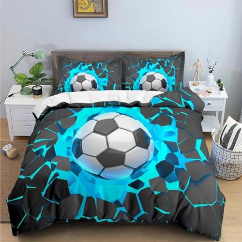 PDSYCB Fußball Bettbezug Set 3D Geometrisch 3 Stück Bettwäsche Set Sport Thema Ball Fußball Druckmuster für Kinder Kinder Jugendliche mit Reißverschluss 135x200 + 2 x Kissenbezuge 80x80cm von PDSYCB