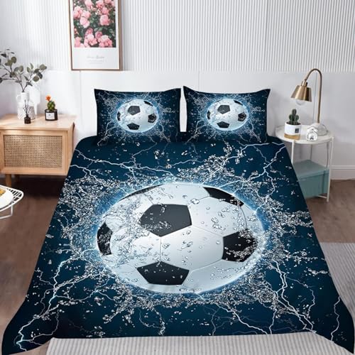 PDSYCB Fußball Bettbezug Set Weiches Leichtgewicht 3 Stück Bettwäsche Set Sport Thema Ball Fußball Druckmuster für Kinder Kinder Jugendliche mit Reißverschluss 135x200 + 2 x Kissenbezuge 50x75cm von PDSYCB