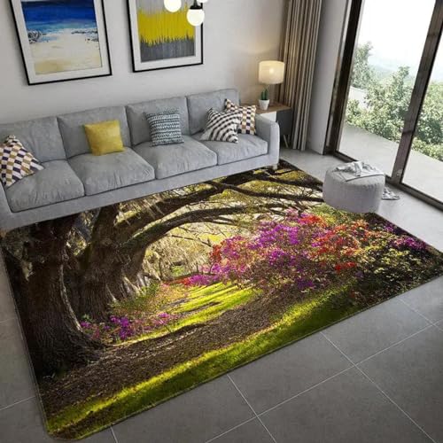 PDSYCB Natürliche Landschaft 3D Teppich für Wohnzimmer Grüne Pflanze Baum Landschaft Sonnenlicht Landschaft Hauseingang Tür Matte Wohnzimmer Teppiche Anti-Rutsch-Teppich im Badezimmer 140x200cm von PDSYCB