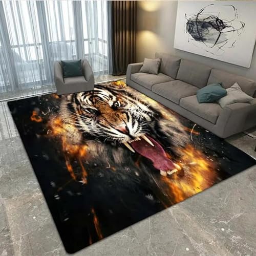 PDSYCB Tiger Kopf 3D bedruckten Teppich 140x200cm Wohnzimmer Teppich Küche Korridor Esszimmer Bodenmatte Kinderteppich Weiche rutschfeste Waschbare Fußmatte Spielmatte von PDSYCB