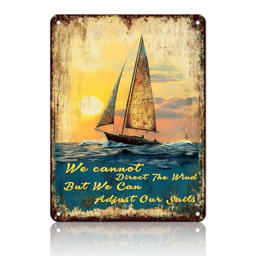 PEACHGARDEN Inspirierendes Segelboot-Metall-Blechschild mit Aufschrift "We Cannot Direct The Wind But We Can Adjust Our Sails", Vintage-Blechschild, lustige Wanddekoration für Café, Bar, Pub, Zuhause PEACHGARDEN Inspirierendes Segelboot-Metall-Blechschild mit Aufschrift "We Cannot Direct The Wind But We Can Adjust Our Sails", Vintage-Blechschild, lustige Wanddekoration für Café, Bar, Pub, Zuhause von PEACHGARDEN