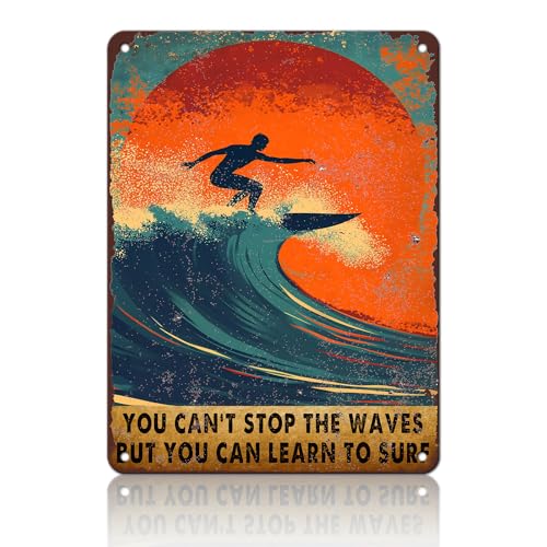 PEACHGARDEN Surf Vintage Blechschild You Can't Stop The Waves But You Can Learn To Surf Metall-Blechschild Strand Retro Blechschild für Meereslandschaft Bar Club Wandposter Surfbretter Club Plakette PEACHGARDEN Surf Vintage Blechschild You Can't Stop The Waves But You Can Learn To Surf Metall-Blechschild Strand Retro Blechschild für Meereslandschaft Bar Club Wandposter Surfbretter Club Plakette von PEACHGARDEN