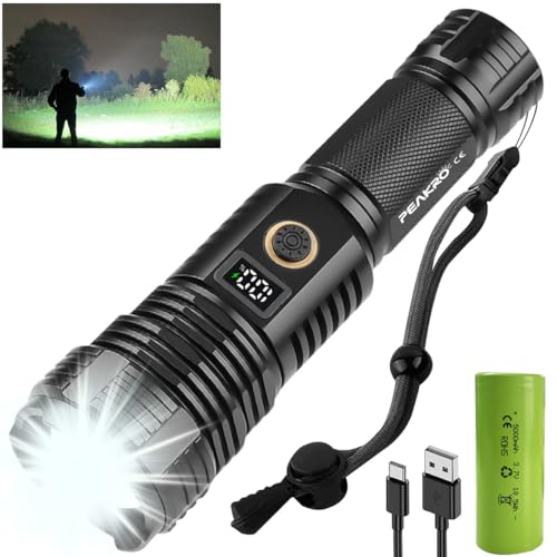 PEAKRO Taschenlampe LED Aufladbar Batteriebetrieben, 90000 Lumen Extrem Hell LED Taschenlampen XHP90.2, Taktische Taschenlampe IP65 Wasserdicht Starke Flashlight für Outdoor Camping(5000mAh Akku) von PEAKRO