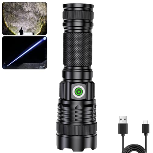 PEAKRO Taschenlampe LED Wiederaufladbar USB-C, Super Hell 20000 Lumen Starke Taktische Taschenlampe, 3 Modi Tragbare Taschenlampe Zoombar, Wasserdicht Militärische LED Flashlight Notfälle Camping von PEAKRO