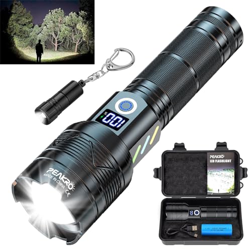 PEAKRO Taschenlampe Led Aufladbar, 90000 Lumens Led Taschenlampe Extrem Hell, Taktische Taschenlampe Batteriebetrieben, Starke Taschenlampe USB IP65 Wasserdicht für Outdoor Camping (5000mAh Akku) von PEAKRO