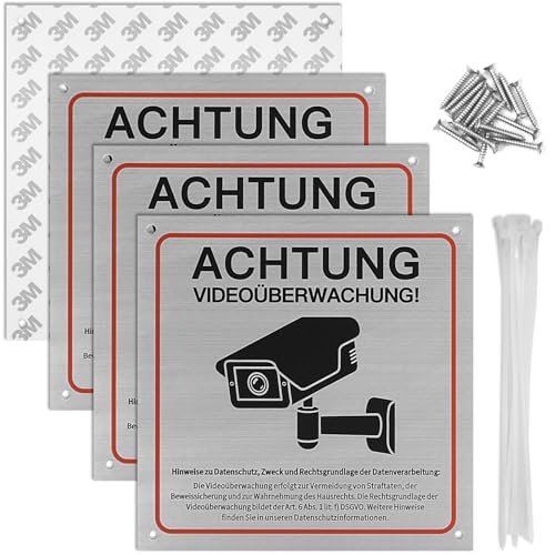 15x15cm Videoüberwachung Schilds Aluminium, 4 Stück Schild Videoüberwachung Privatgrundstück, Selbstklebend Kamera Überwachung Schild mit Bohrlöcher für Innen Außen von PEAKTOP