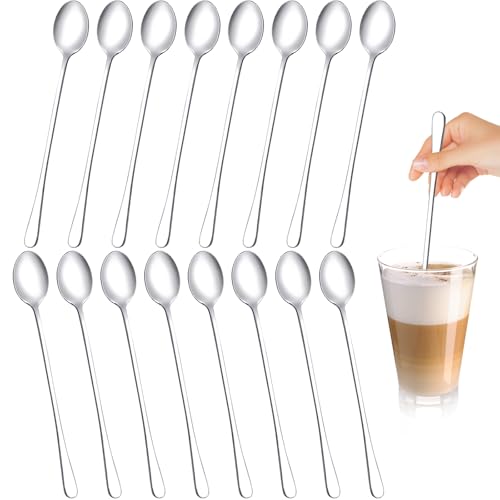 16PCS Latte Macchiato Löffel Set, 19.5cm Silber Langem Griff Eislöffel, Edelstahl Spiegelpoliert Eiskaffee Löffel, Kaffeelöffel Lang Für Desserts Cocktails Eisbecher Milchshake von PEAKTOP