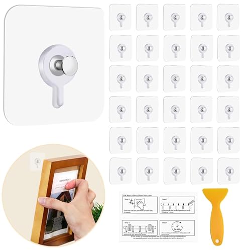 30PCS Bilderhaken Selbstklebend, Klebenagel Für Bilderrahmen, Klebehaken Bilder Aufhängen Ohne Bohren, Klebenägel Wand Mit Kleiner Schaber Für Dekorative Gemälde Fotos Bilderrahmen (5kg) von PEAKTOP