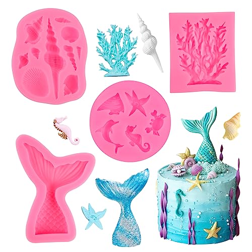 4PCS Meerjungfrau Silikonform, 3D Meerestiere Fondantform, Meerjungfrauen Silikonformen, DIY Ozean Tier Fondantform, Groß Tiere Silikon Backform für Kuchen Schokolade Seife Torten von PEAKTOP