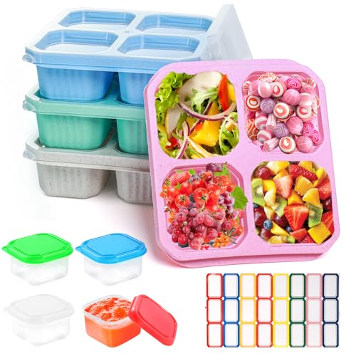PEAKTOP 4PCS Snack-Behälter Mit 4 Fächer, Stapelbare Snackbox Mit Fächern, Snackboxen Für Erwachsene Und Kinder, 2 Kleine Soßendose, Brotdosen Set Für Picknick Reisen Schule (Rosa, Beige, Grün, Blau) von PEAKTOP