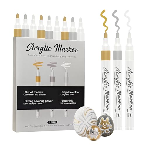 PEAKTOP 9PCS Acrylstifte Gold Silber Weiß, 2mm Tip Acrylstifte Metallic Marker Stifte, Permanente Metallic Glitter Markers Wasserfest Für DIY Fotoalbum, Keramik, Glas, Malsteinen, Holz, Leinwand von PEAKTOP