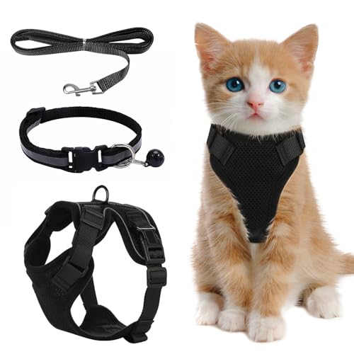 PEAKTOP Schwarz Kitten Geschirr Verstellbar Weich Katzen Geschirrset Katzengeschirr Kitten mit Reflektierenden Streifen Katzenleine mit Geschirr Katzen Katzengeschirr Klein Mittel Kitten (XS) von PEAKTOP