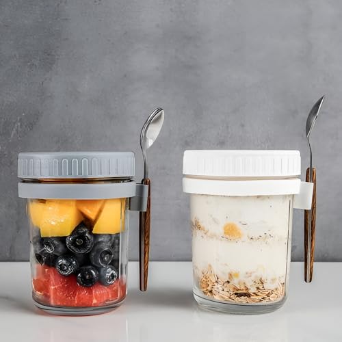 PEALOVCOM 2 Stück Müslibecher Glas Haferbehälter to go mit Löffel 350ML Hafergläser Joghurtbecher Glasbehälter Overnight Oats Gläser Behälter für Jogurt Müsli Mepal Porridge Milch Früchte (Grau/Weiß) von PEALOVCOM