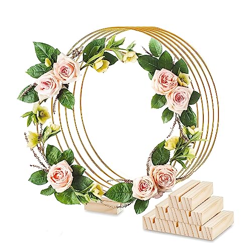 PEALOVCOM 6 Stück Gold Metallringe zum Basteln Makramee Ringe 30cm Metall Deko Ringe Metall Deko Ringe mit Holzsockeln für Hochzeit Basteln Tischdekoration Weihnachtsdeko von PEALOVCOM