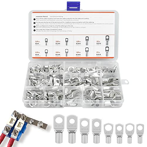PEALOVCOM Kabelschuhe Set,130 Stück Rohrkabelschuhe Bolzenloch Kupferklemmen Verzinnt Ringkabelschuhe Set für 25mm² 16mm² 10mm² 6mm² Kabel und M6 M8 Schrauben von PEALOVCOM