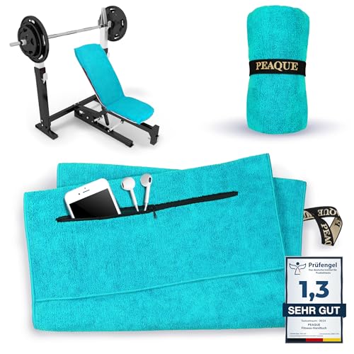 PEAQUE Fitness-Handtuch mit Reißverschlusstasche | Mikrofaser mit Frottee-Struktur | Sport-Handtuch für Fitnessstudio und Gym | weich, schnelltrocknend (Türkis, 100 x 40 cm) von PEAQUE