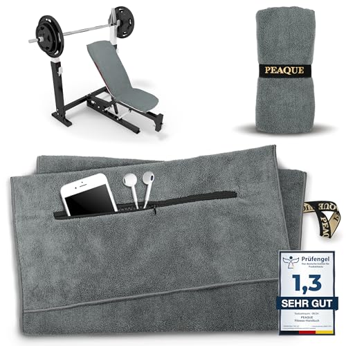 PEAQUE Fitness-Handtuch mit Reißverschlusstasche | Mikrofaser mit Frottee-Struktur | Sport-Handtuch für Fitnessstudio und Gym | weich, schnelltrocknend (Grau, 100 x 40 cm) von PEAQUE