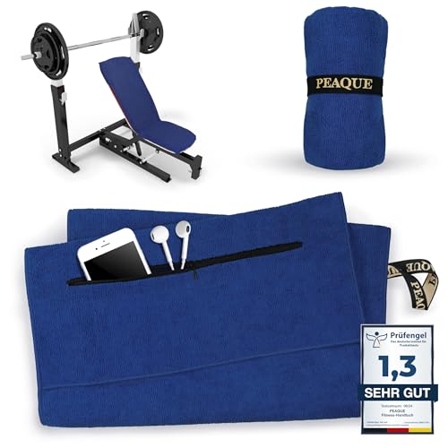 PEAQUE Fitness-Handtuch mit Reißverschlusstasche | Mikrofaser mit Frottee-Struktur | Sport-Handtuch für Fitnessstudio und Gym | weich, schnelltrocknend (Navy-Blau, 120 x 50 cm) von PEAQUE