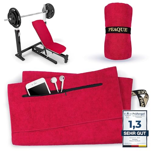 PEAQUE Fitness-Handtuch mit Reißverschlusstasche | Mikrofaser mit Frottee-Struktur | Sport-Handtuch für Fitnessstudio und Gym | weich, schnelltrocknend (Rot, 120 x 50 cm) von PEAQUE