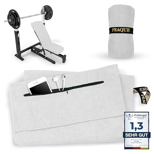 PEAQUE Fitness-Handtuch mit Reißverschlusstasche | Mikrofaser mit Frottee-Struktur | Sport-Handtuch für Fitnessstudio und Gym | weich, schnelltrocknend (Hellgrau, 100x40 cm) von PEAQUE