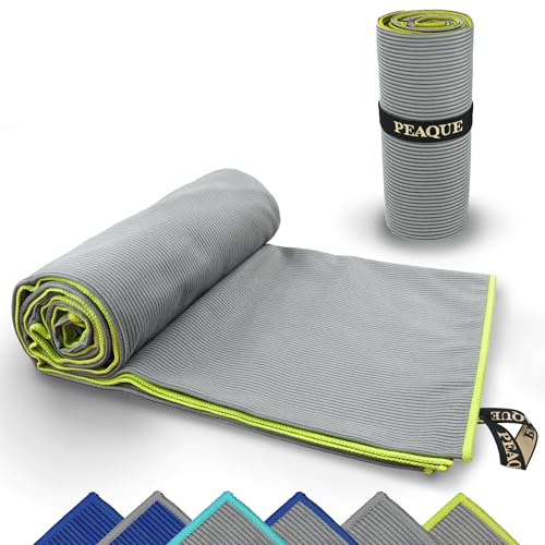PEAQUE Mikrofaser-Handtuch mit Struktur - leicht, kompakt, schnelltrocknend, XL - Badehandtuch, Reisehandtuch, Sporthandtuch, Grau/Gelb, 160 x 80 cm von PEAQUE